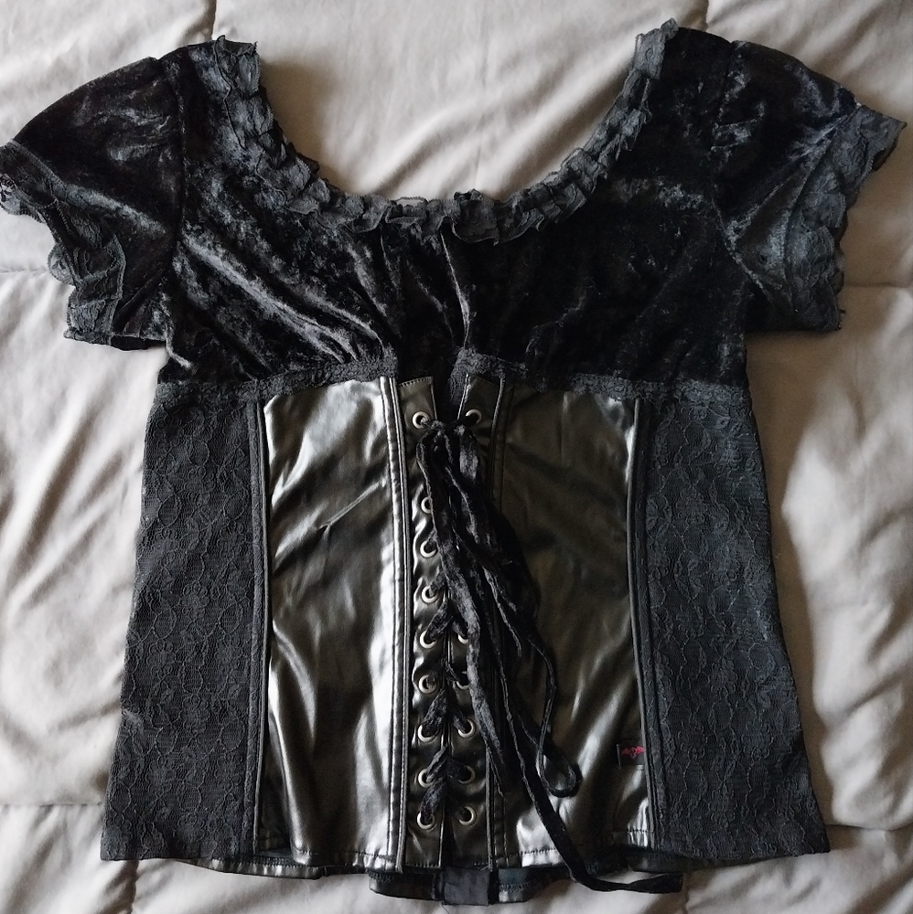 Vintage Tripp nyc Y2K velvet, lace & pleather corset bodice top